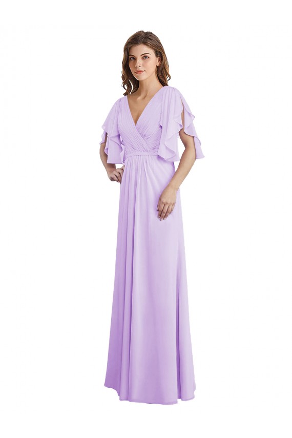 Fábrica de Costas em V Chiffon Decote V Comprimento Chão Mangas Esvoaçantes, Mangas Divididas Vestidos de Madrinha