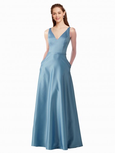 Fábrica de Cetim Decote Alto Comprimento Chão Sem Mangas Vestidos de Madrinha / Vestidos de Festa