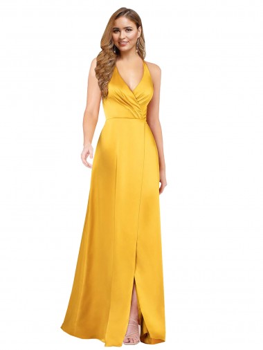Fábrica de Abrir de volta Cetim Sedoso Decote V Comprimento Chão Sem Mangas Vestidos de Madrinha / Vestidos de Noite / Vestidos de Festa