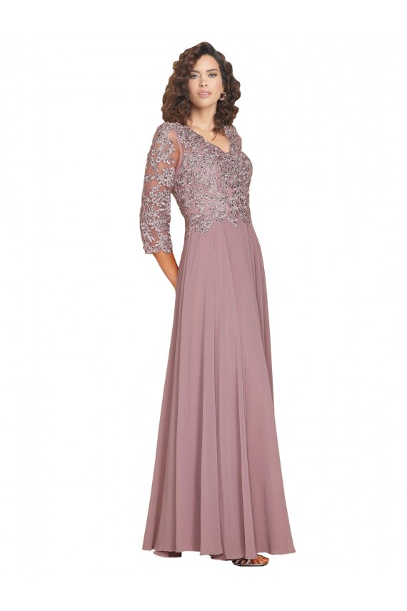 Fábrica de Chiffon Decote V Comprimento Chão Mangas Compridas Vestidos de Madrinha / Vestidos de Festa