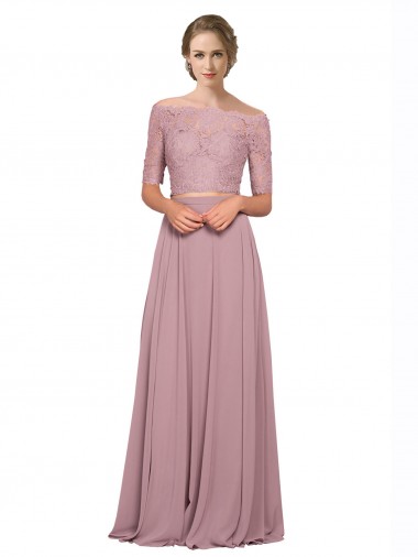 Fábrica de Chiffon & Renda Fora do Ombro Comprimento Chão Mangas Curtas Vestidos de Madrinha / Vestidos de Festa