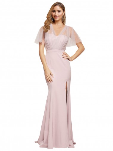 Fábrica de Costas em V Crepe Esticado & Tule Um Ombro Comprimento Chão Mangas Curtas Vestidos de Madrinha / Vestidos de Noite / Vestidos de Festa