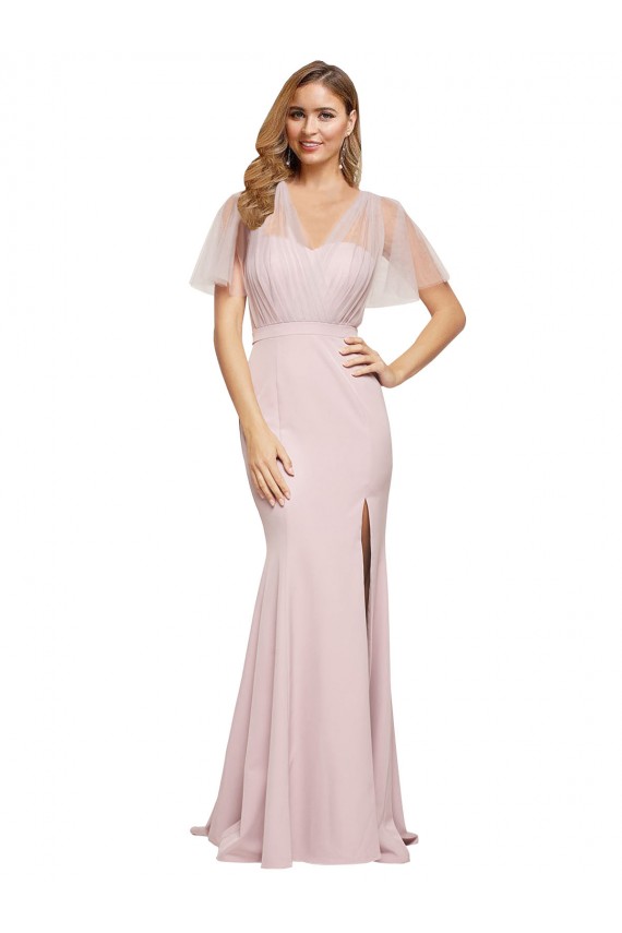 Fábrica de Costas em V Crepe Esticado & Tule Um Ombro Comprimento Chão Mangas Curtas Vestidos de Madrinha / Vestidos de Noite / Vestidos de Festa