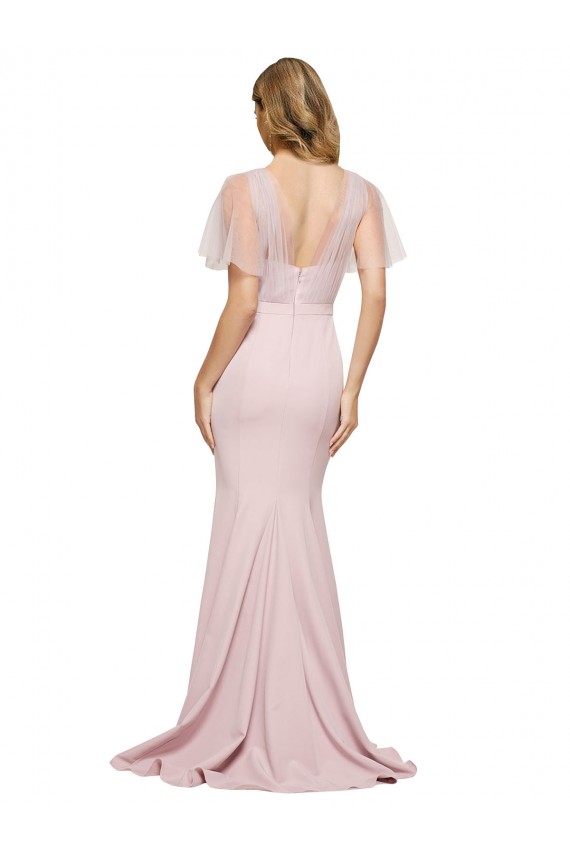 Fábrica de Costas em V Crepe Esticado & Tule Um Ombro Comprimento Chão Mangas Curtas Vestidos de Madrinha / Vestidos de Noite / Vestidos de Festa