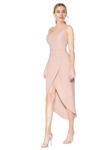 Fábrica de Costas em V Crepe Esticado Alças finas Comprimento Joelho Sem Mangas Vestidos de Madrinha / Vestidos de Noite / Vestidos de Festa