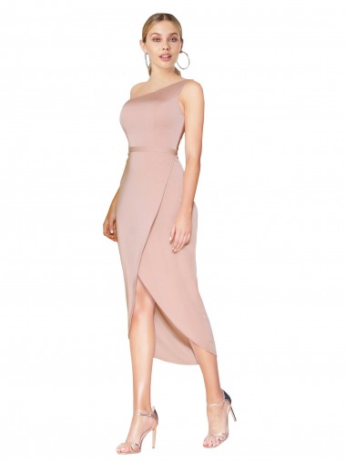 Fábrica de Crepe Esticado Um Ombro Comprimento Joelho Sem Mangas Vestidos de Madrinha / Vestidos de Noite / Vestidos de Festa