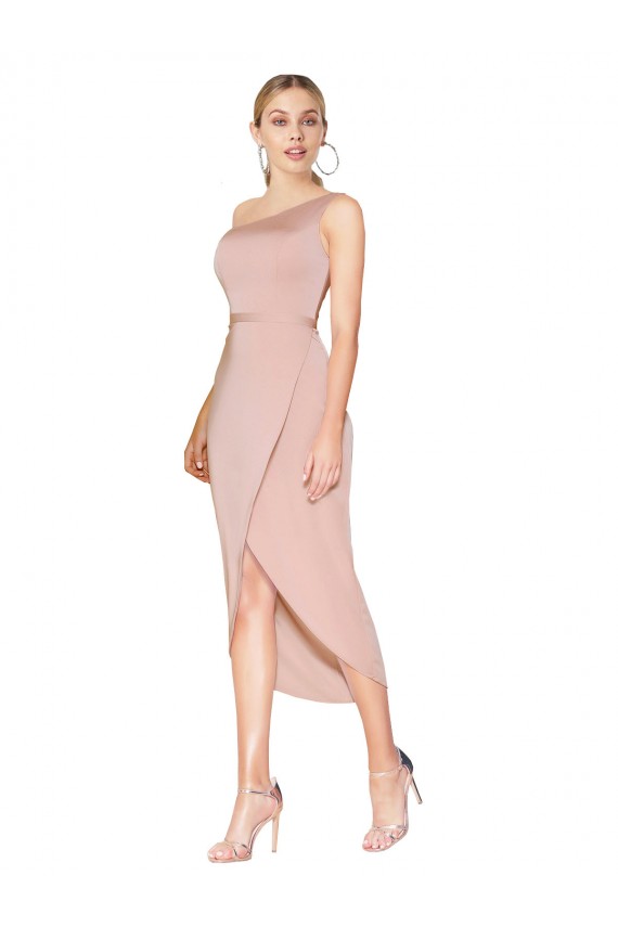 Fábrica de Crepe Esticado Um Ombro Comprimento Joelho Sem Mangas Vestidos de Madrinha / Vestidos de Noite / Vestidos de Festa