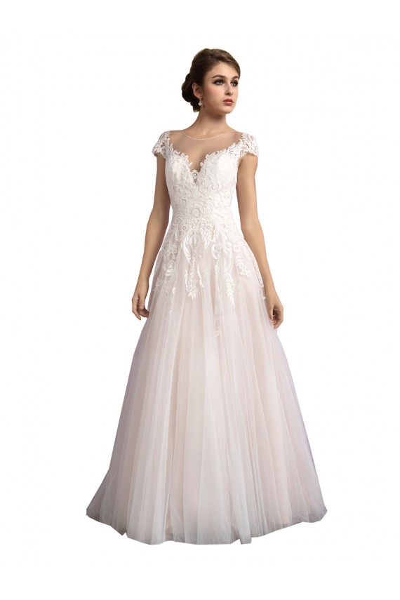 Fábrica de Tule & Renda Decote Ilusão Comboio Catedral Mangas Curtas Vestidos de Noiva