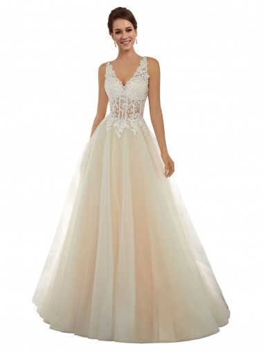 Fábrica de Tule & Renda Decote V Comboio Capela Sem Mangas Vestido de Noiva Clássicos