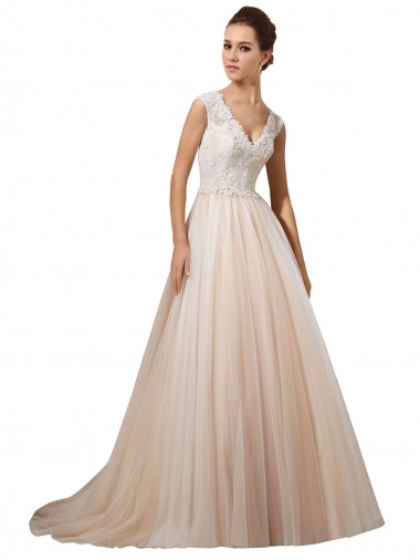 Fábrica de Tule & Renda Decote V Comboio Capela Sem Mangas Linha A Vestidos de Noiva