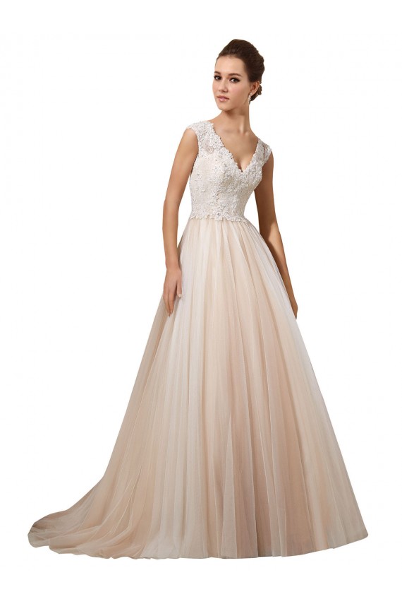 Fábrica de Tule & Renda Decote V Comboio Capela Sem Mangas Linha A Vestidos de Noiva