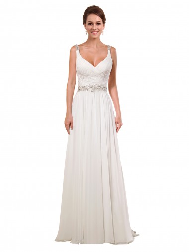 Fábrica de Chiffon Decote V Comboio Capela Sem Mangas Vestidos de Noiva Clássicos