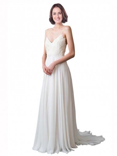 Fábrica de Chiffon & Renda Alças finas Comboio Capela Sem Mangas Vestidos de Noiva