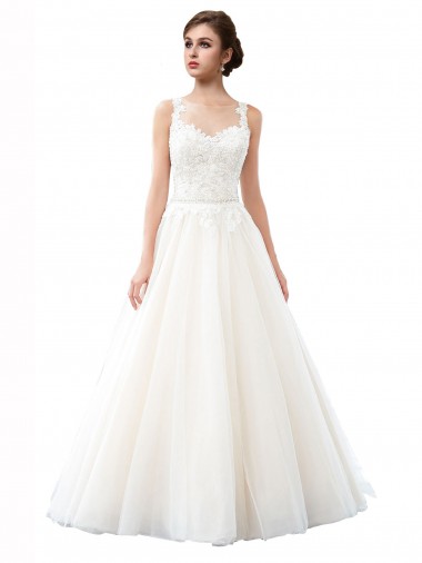 Fábrica de Tule & Renda Decote Ilusão Comboio Catedral Sem Mangas Longo Vestidos de Noiva