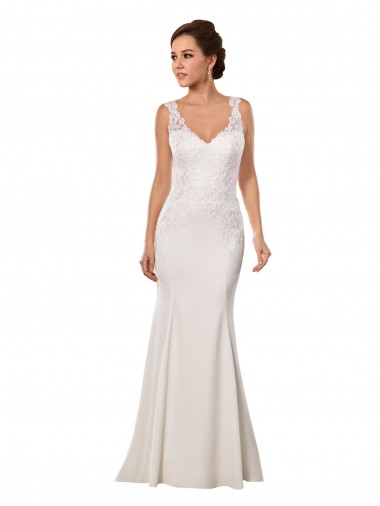 Fábrica de Renda & Crepe Esticado Decote V Comboio Capela Sem Mangas Vestidos de Noiva