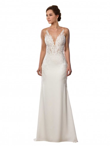 Fábrica de Renda & Crepe Esticado Decote V Comboio Capela Sem Mangas Longo Vestidos de Noiva
