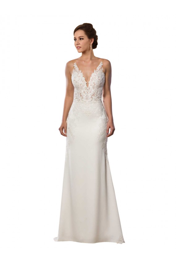 Fábrica de Renda & Crepe Esticado Decote V Comboio Capela Sem Mangas Longo Vestidos de Noiva