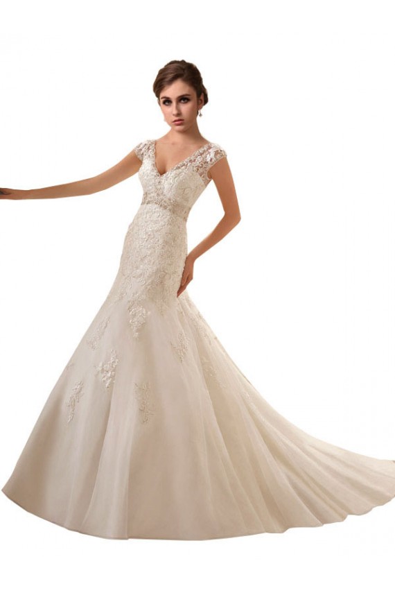 Fábrica de Tule & Renda Decote V Comboio Capela Sem Mangas Longo Vestido de Festa / Vestido de Madrinha