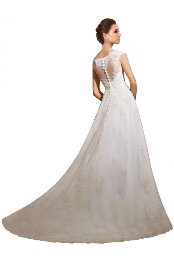 Fábrica de Tule & Renda Decote Ilusão Comboio Capela Mangas Curtas Marfim Vestidos de Noiva