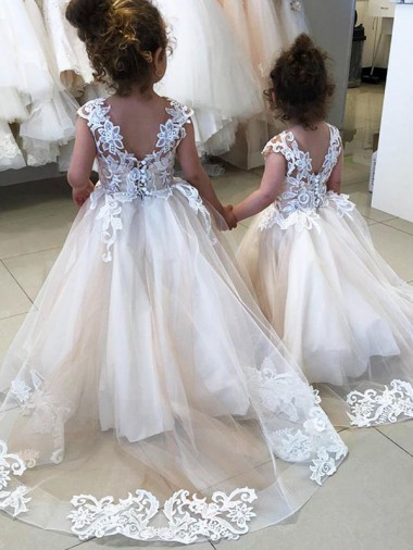 Fábrica de Costas em V Tule & Renda Barco Comboio Capela Sem Mangas Longo Vestidos para Meninas de Flores