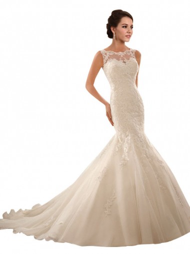 Fábrica de Tule & Renda Decote Ilusão Comboio Capela Sem Mangas Vestido de Festa / Vestido de Madrinha