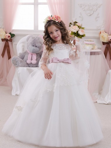 Fábrica de Tule & Renda Barco Comboio Capela Sem Mangas Longo Vestidos para Meninas de Flores