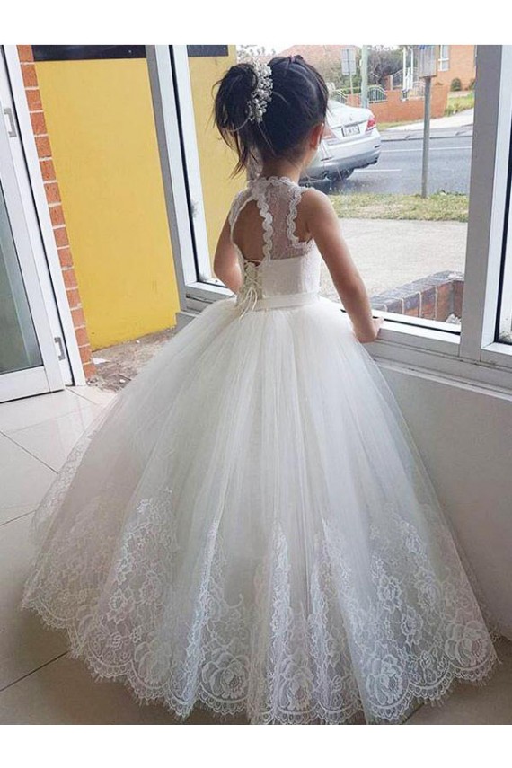 Fábrica de Buraco da fechadura Tule & Renda Decote Alto Comprimento Chão Sem Mangas Vestidos para Meninas de Flores