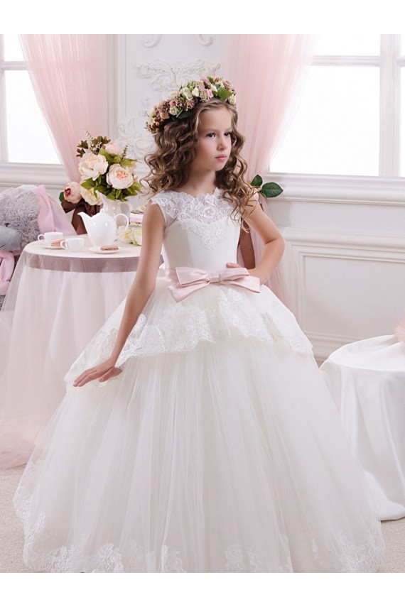 Fábrica de Costas em V Tule & Renda Amor Comboio Capela Sem Mangas Vestidos para Meninas de Flores