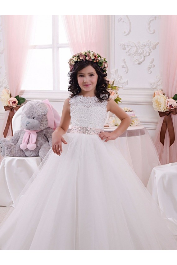 Fábrica de Costas em V Tule & Renda Barco Comboio Capela Sem Mangas Vestidos para Meninas de Flores
