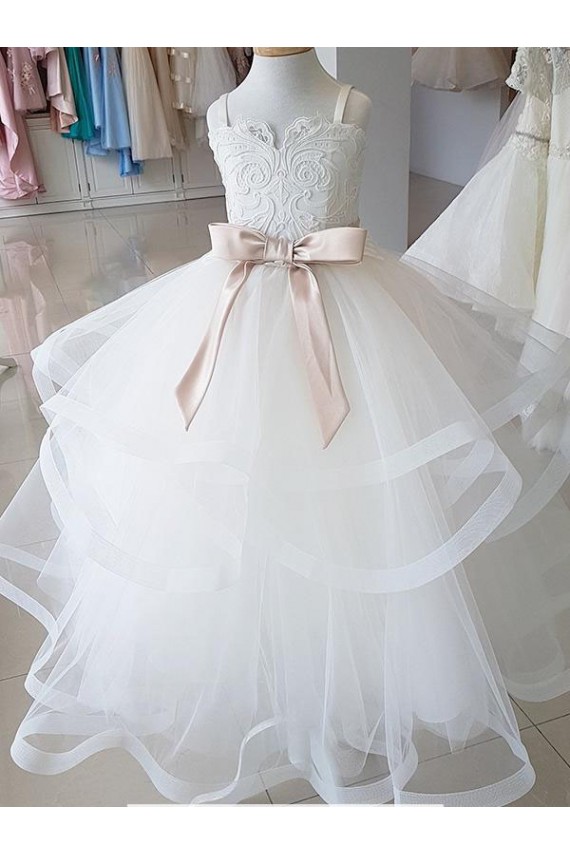 Fábrica de Tule & Renda Decote Alto Comprimento Chão Sem Mangas Vestidos para Meninas de Flores