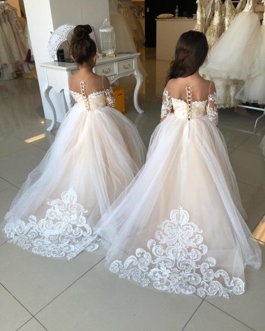 Fábrica de Tule & Renda Amor Comboio Capela Mangas Compridas Vestidos para Meninas de Flores
