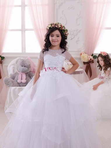 Fábrica de Tule & Renda Amor Comprimento Chão Mangas Curtas Vestidos para Meninas de Flores
