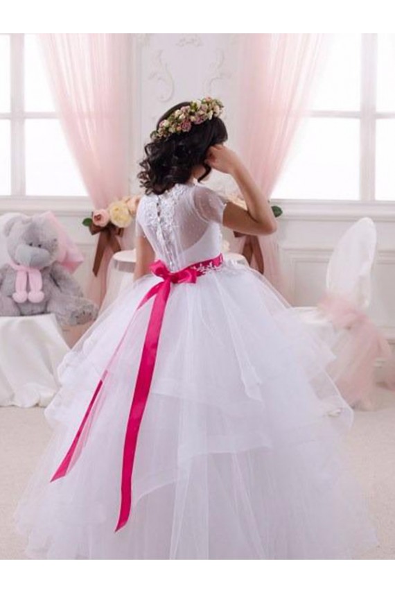 Fábrica de Tule & Renda Amor Comprimento Chão Mangas Curtas Vestidos para Meninas de Flores
