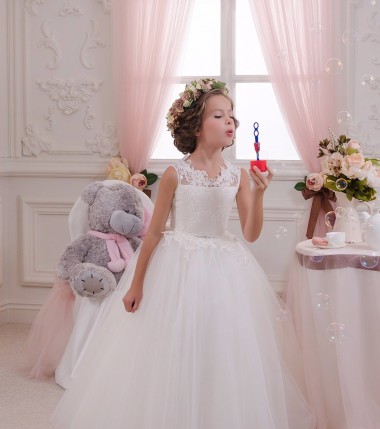 Fábrica de Buraco da fechadura Tule & Renda Decote Alto Comprimento Chão Sem Mangas Vestido para Meninas de Flores