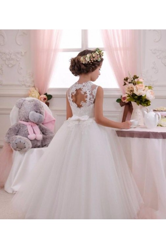 Fábrica de Buraco da fechadura Tule & Renda Decote Alto Comprimento Chão Sem Mangas Vestido para Meninas de Flores