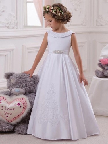 Fábrica de Cetim & Renda Barco Comprimento Chão Sem Mangas Vestidos para Meninas de Flores