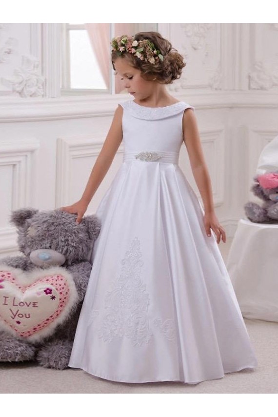 Fábrica de Cetim & Renda Barco Comprimento Chão Sem Mangas Vestidos para Meninas de Flores