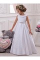 Fábrica de Cetim & Renda Barco Comprimento Chão Sem Mangas Vestidos para Meninas de Flores