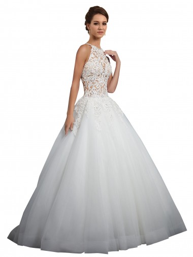 Fábrica de Tule & Renda Decote Alto Comboio Capela Sem Mangas Vestidos de Noiva