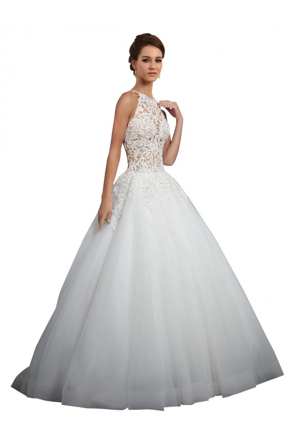Fábrica de Tule & Renda Decote Alto Comboio Capela Sem Mangas Vestidos de Noiva