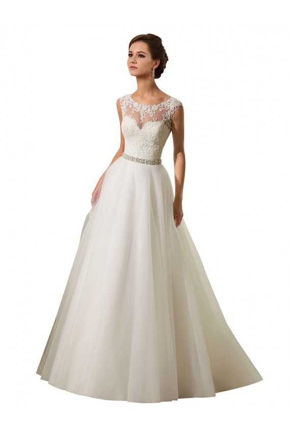 Fábrica de Tule & Renda Decote Ilusão Comboio Capela Mangas Curtas Vestido de Baile Vestidos de Noiva