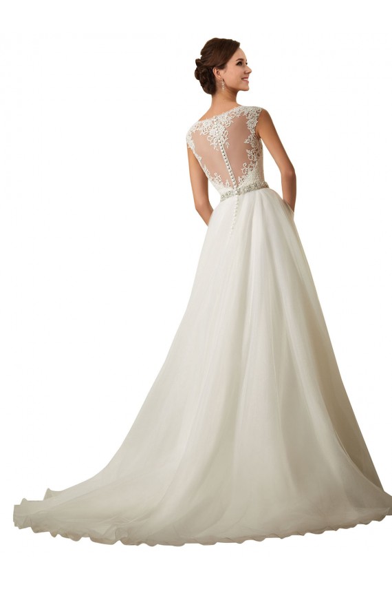 Fábrica de Tule & Renda Decote Ilusão Comboio Capela Mangas Curtas Vestido de Baile Vestidos de Noiva