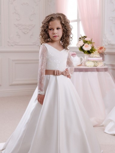 Fábrica de Cetim & Renda Decote V Comboio Capela Mangas Compridas Vestidos para Meninas de Flores