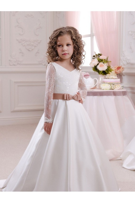 Fábrica de Cetim & Renda Decote V Comboio Capela Mangas Compridas Vestidos para Meninas de Flores