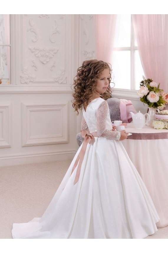 Fábrica de Cetim & Renda Decote V Comboio Capela Mangas Compridas Vestidos para Meninas de Flores