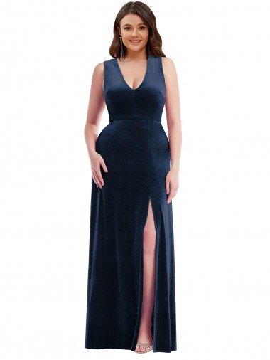 Fábrica de Veludo Elástico Decote V Comprimento Chão Sem Mangas Longo Vestidos de Madrinha / Vestidos de Noite / Vestidos de Festa