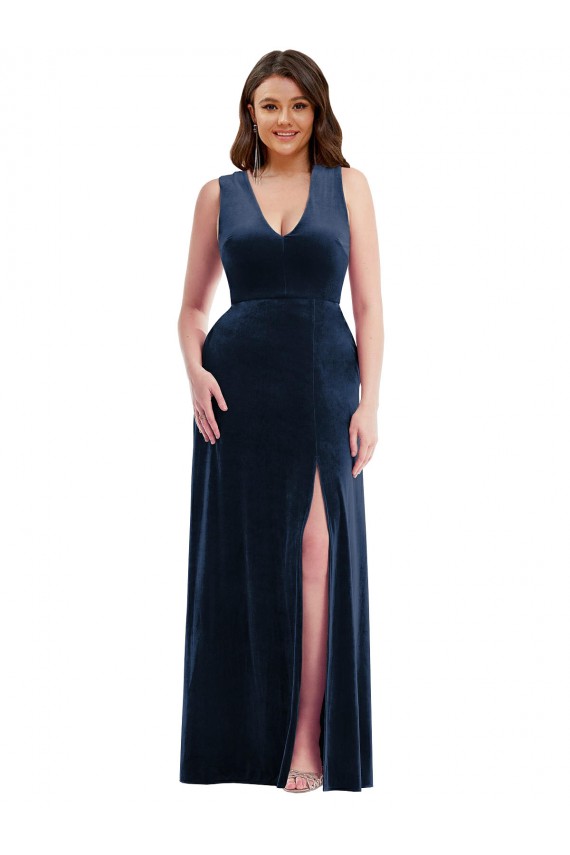 Fábrica de Veludo Elástico Decote V Comprimento Chão Sem Mangas Longo Vestidos de Madrinha / Vestidos de Noite / Vestidos de Festa