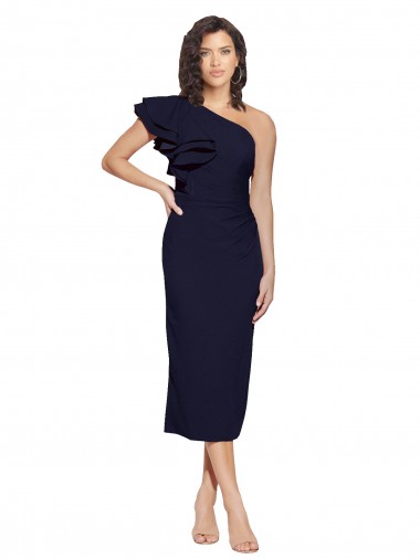 Fábrica de Crepe Esticado Um Ombro Comprimento Midi Sem Mangas Vestidos de Madrinha / Vestidos de Noite / Vestidos de Festa