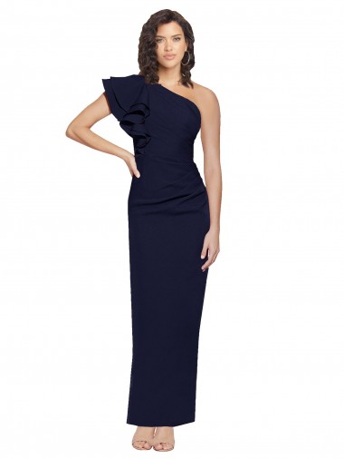 Fábrica de Crepe Esticado Um Ombro Comprimento Chão Sem Mangas Marinha Negra Vestidos de Madrinha / Vestidos de Noite / Vestidos de Festa