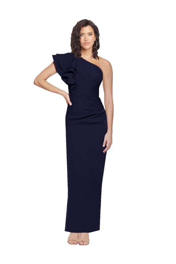 Fábrica de Crepe Esticado Um Ombro Comprimento Chão Sem Mangas Marinha Negra Vestidos de Madrinha / Vestidos de Noite / Vestidos de Festa